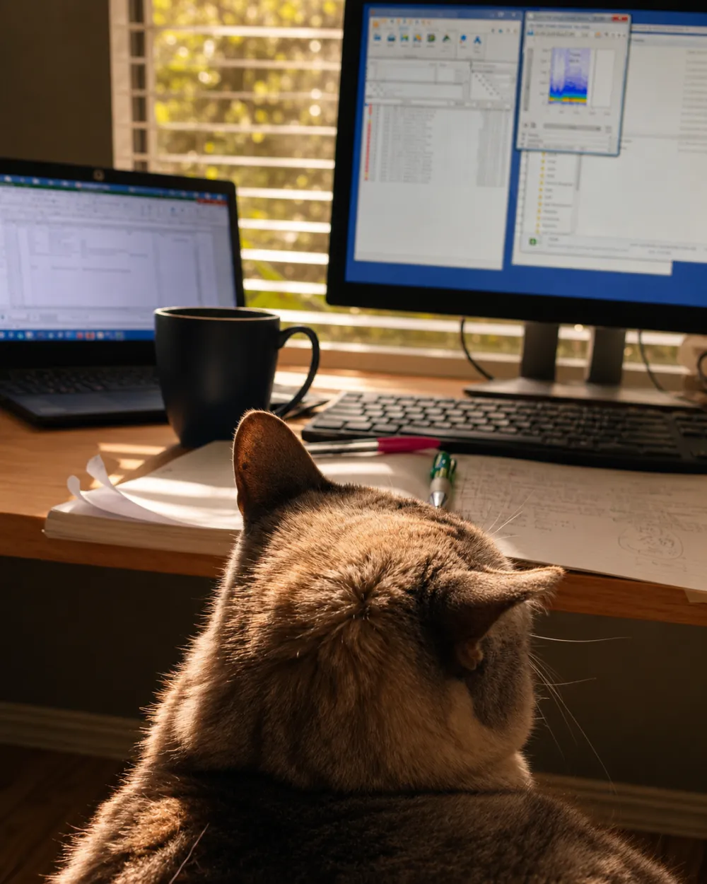 MeMurton, a tabby cat, resting on the desk in front of a monitor running data-analysis software